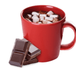 Red mug of hot chocolate with mini marshmallows and accented with chocolate pieces.