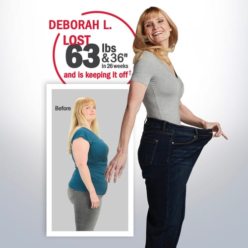 † Deborah is a remunerated Brand Ambassador and used the SlimFast Plan (a reduced-calorie diet, regular exercise, and plenty of fluids) for 26 weeks. Average weight loss is 1-2 lbs per week. Results not typical. Read label prior to use. Check with your doctor if nursing, pregnant, under 18, or following a doctor prescribed diet.