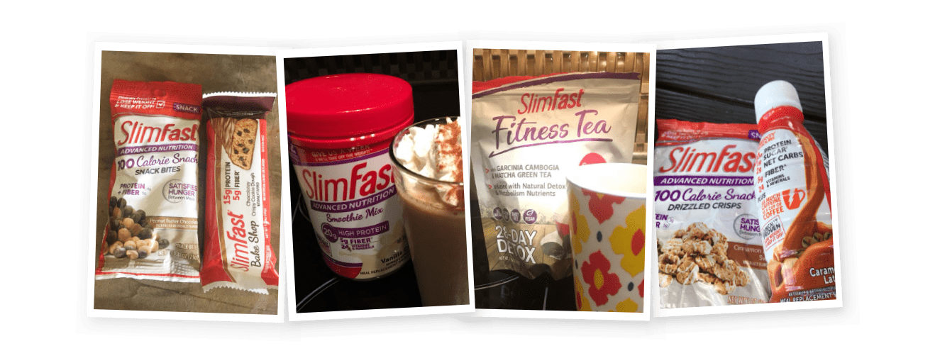 SlimFast Advanced Nutrition Snack Bites, Vanilla Cream Smoothie Mix and Drizzled Crisps, SlimFast Fitness Tea, Bake Shop Bar, and Advanced Energy Shake