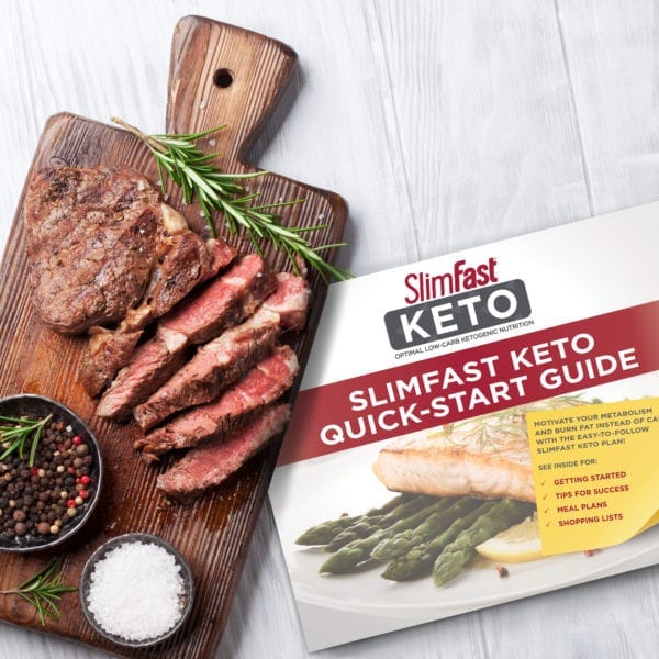 SlimFast Keto Quick-Start Guide accented with a wooden board with steak and spices Front cover of the SlimFast Keto Quick-Start Guide accented with a wooden board with steak and spices.