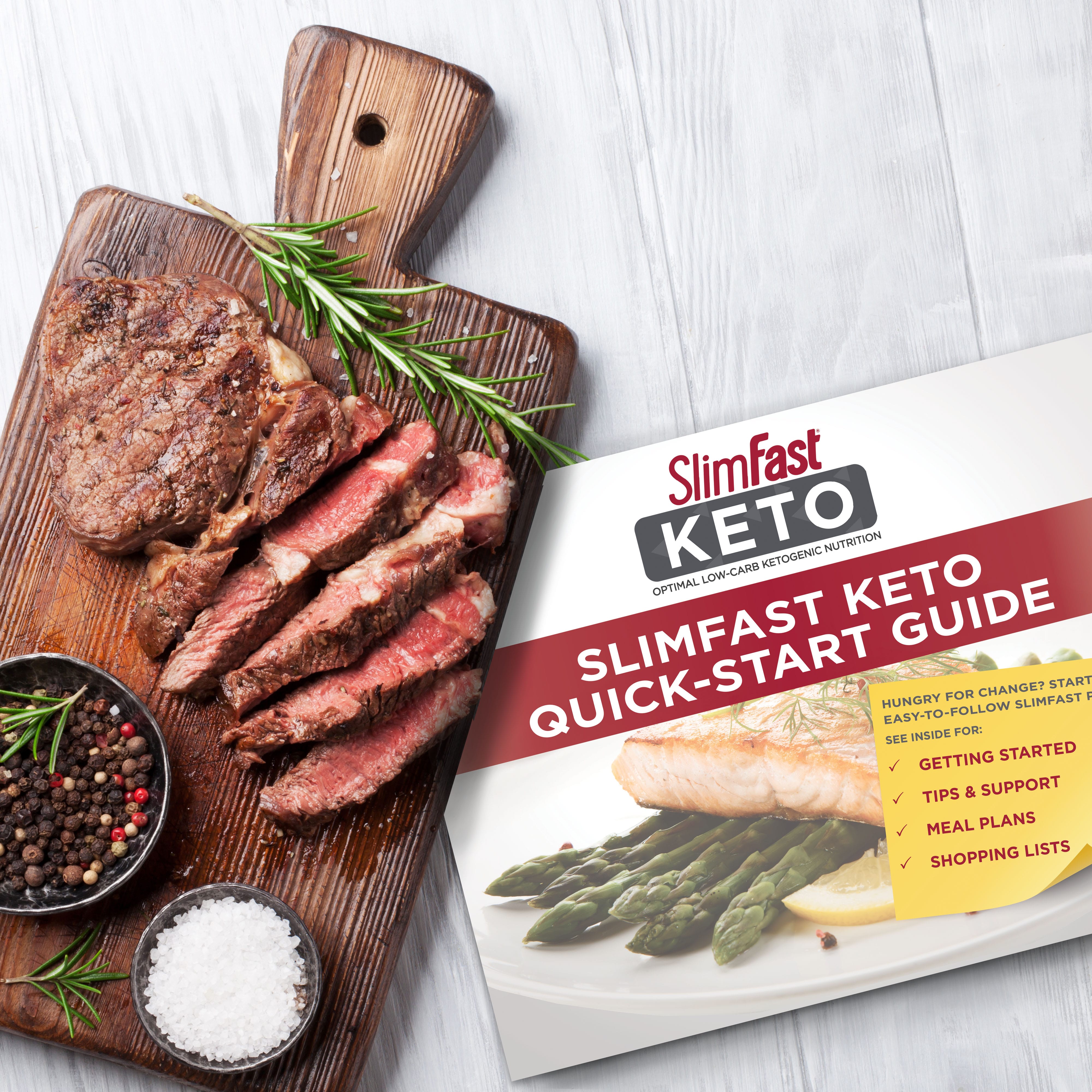 SlimFast Keto Plan - SlimFast Keto Quick-Start Guide Front cover of the SlimFast Keto Quick-Start Guide with a cutting board with slices of steak and bowls of spices.