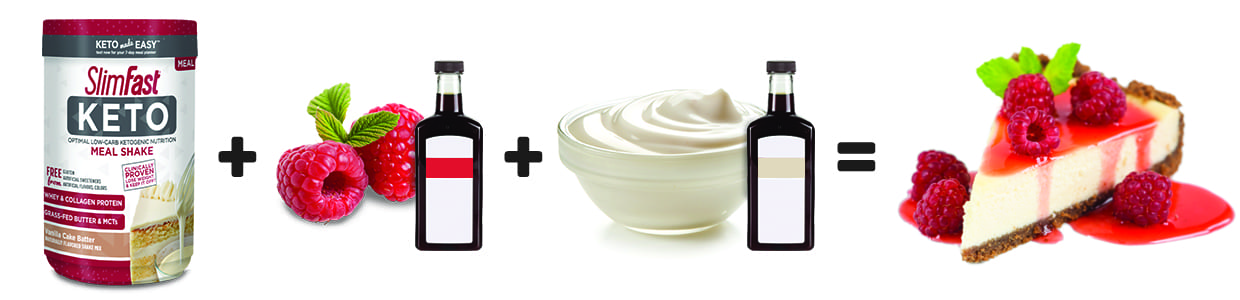 SlimFast Keto Vanilla Cake Batter Shake Mix + Raspberry Extract + Cream Cheese Extract = Keto Raspberry Cheesecake Shake SlimFast Keto Vanilla Cake Batter Shake Mix + Raspberry Extract + Cream Cheese Extract = Keto Raspberry Cheesecake Shake