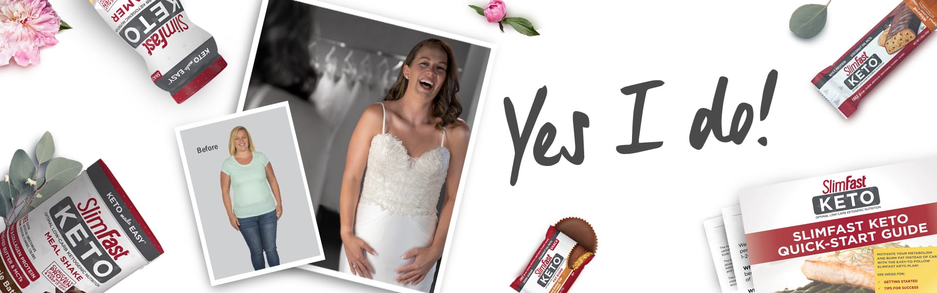 Amanda Yes I Do Wedding Dress Yes I Do banner with Amanda wearing a wedding dress.