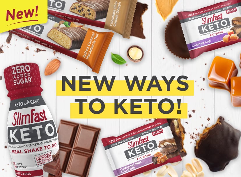 New ways to Keto - fat bombs, bars, and ready to drink shakes on a slider image.