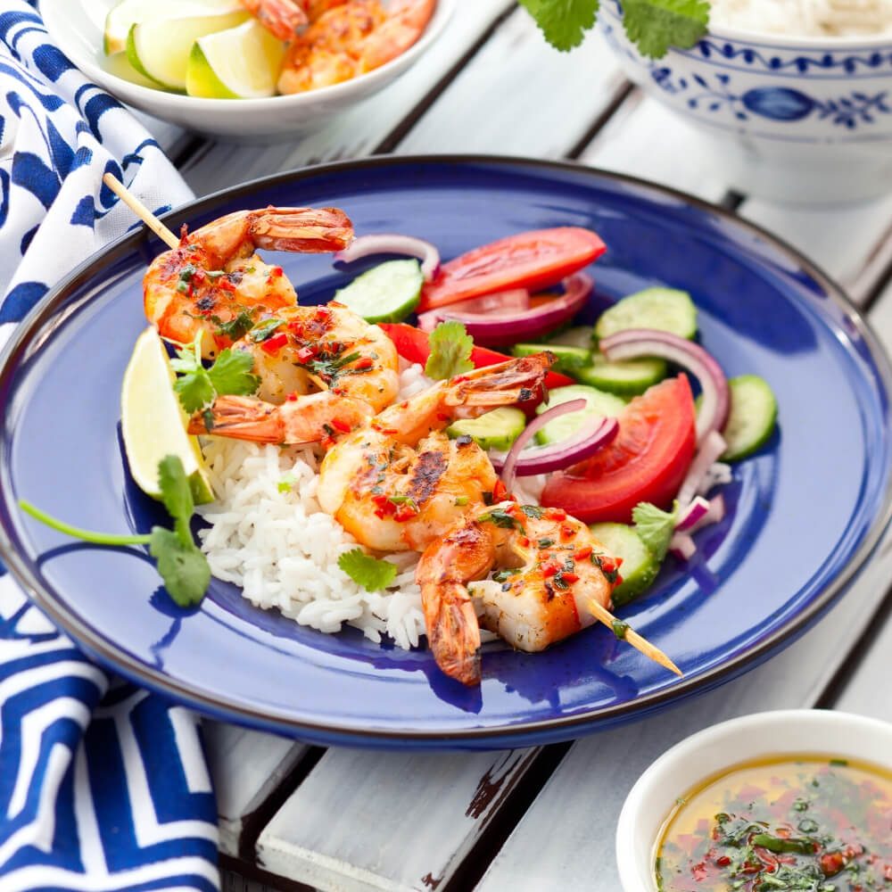 Lime Chili and Cilantro Shrimp Skewers with Avocado Salad