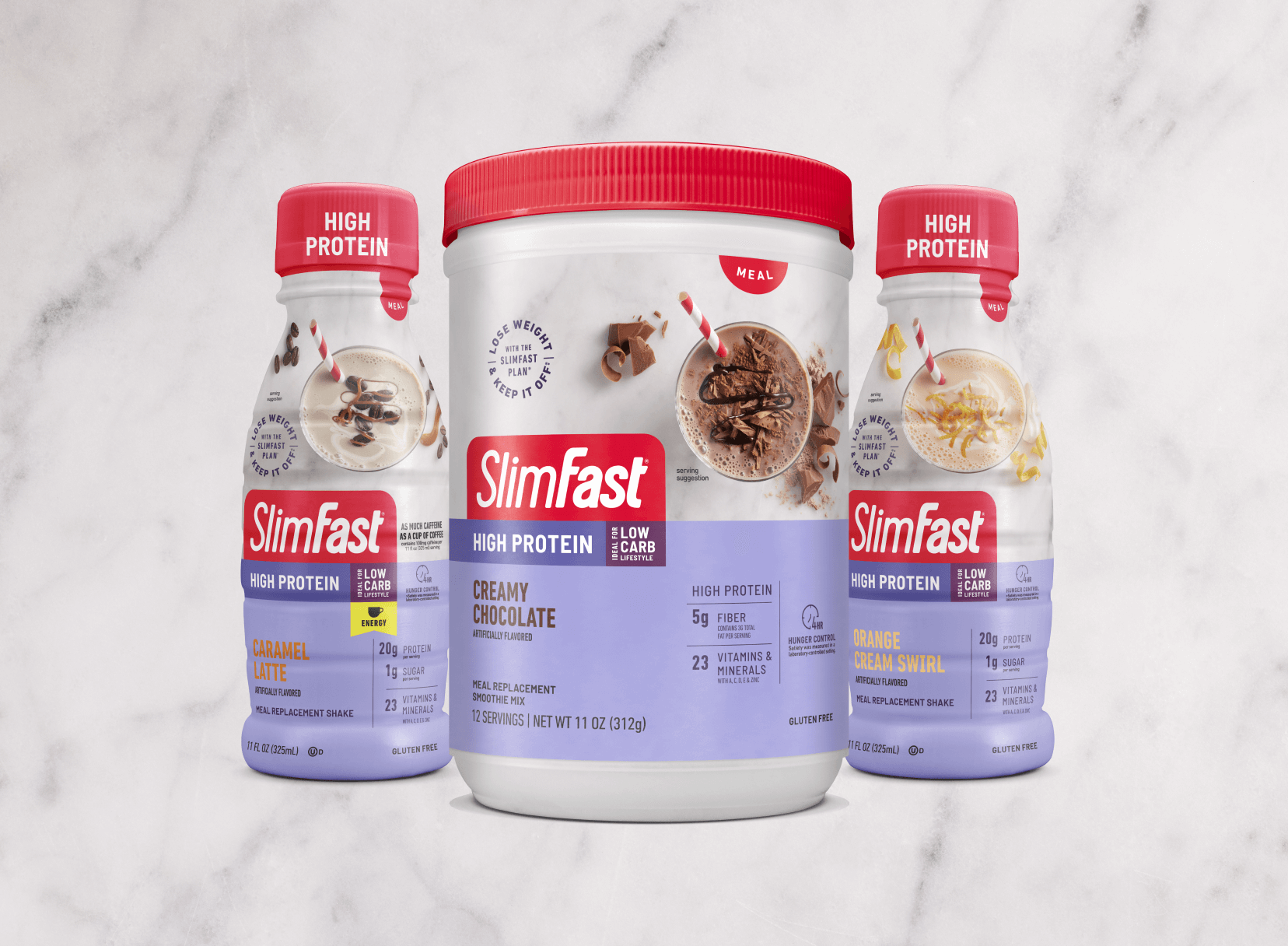 Product renders of SlimFast High Protein Powder Mixes and Ready-to-Drink Shakes in Creamy Chocolate, Caramel Latte, and Orange Cream Swirl, on a white marble background.