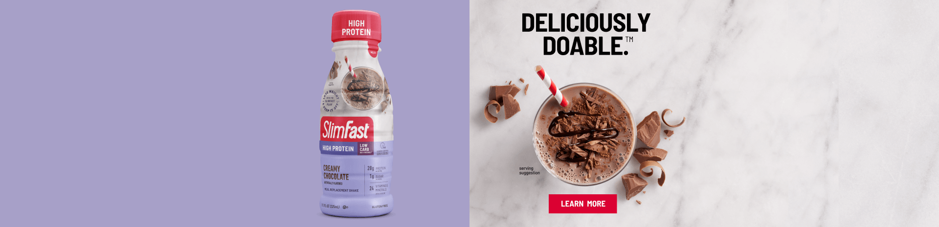 Deliciously Doable™ Desktop and mobile Banner showing a High Protein RTD and Smoothie Mix. 