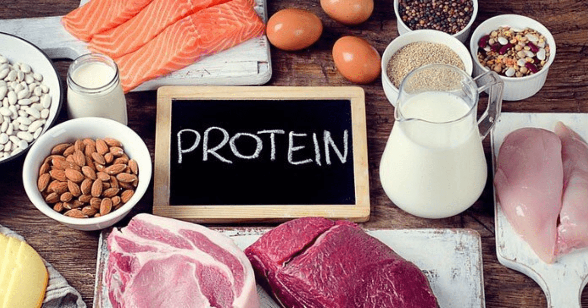 high protein foods and ingredients surrounding a sign that says protein