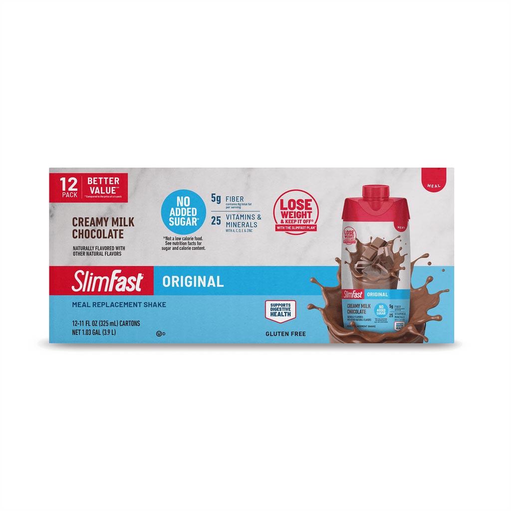 SlimFast Original Creamy Milk Chocolate meal replacement shake box, 12-pack, gluten free, with blue and red branding on packaging.