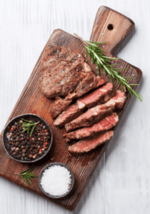 SlimFast Keto one week shopping list header image with a plate of sliced steak.